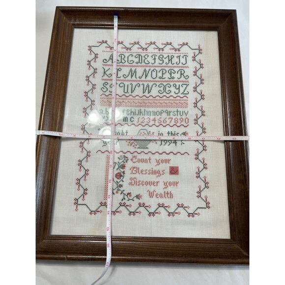 1994 Vintage Cross-Stitch Sampler In Wood Frame 12.5"x15.5" Count Your Blessings - Picture 4 of 4